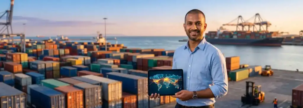 Indian businessman at a shipping port reviewing export trade routes on a tablet representing India's Trade Connect platform for MSME exporters