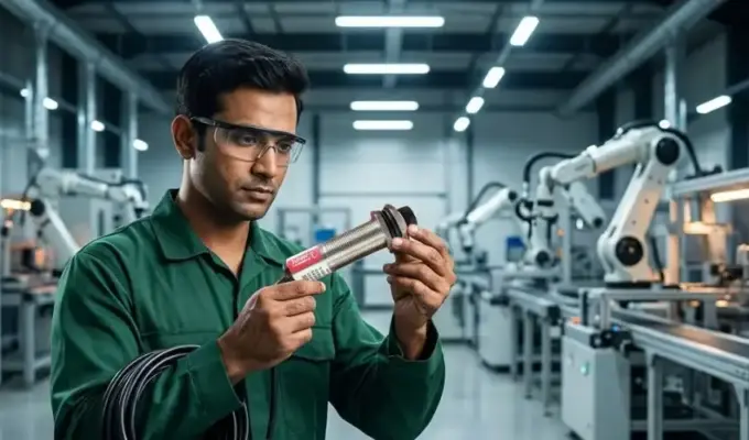 Indian male industrial technician in a green uniform inspecting a Vaari photo-electric sensor in a modern automated factory with robotic arms.