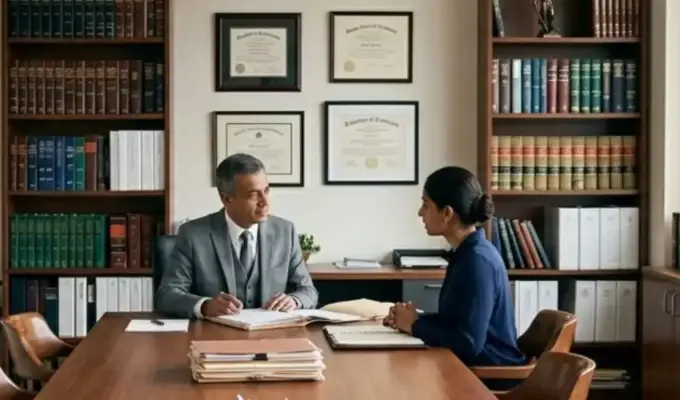 A long shot of an Indian male lawyer in a grey suit and an Indian female client in a blue blouse sitting across a large wooden table in a professional law office filled with bookshelves and legal documents.