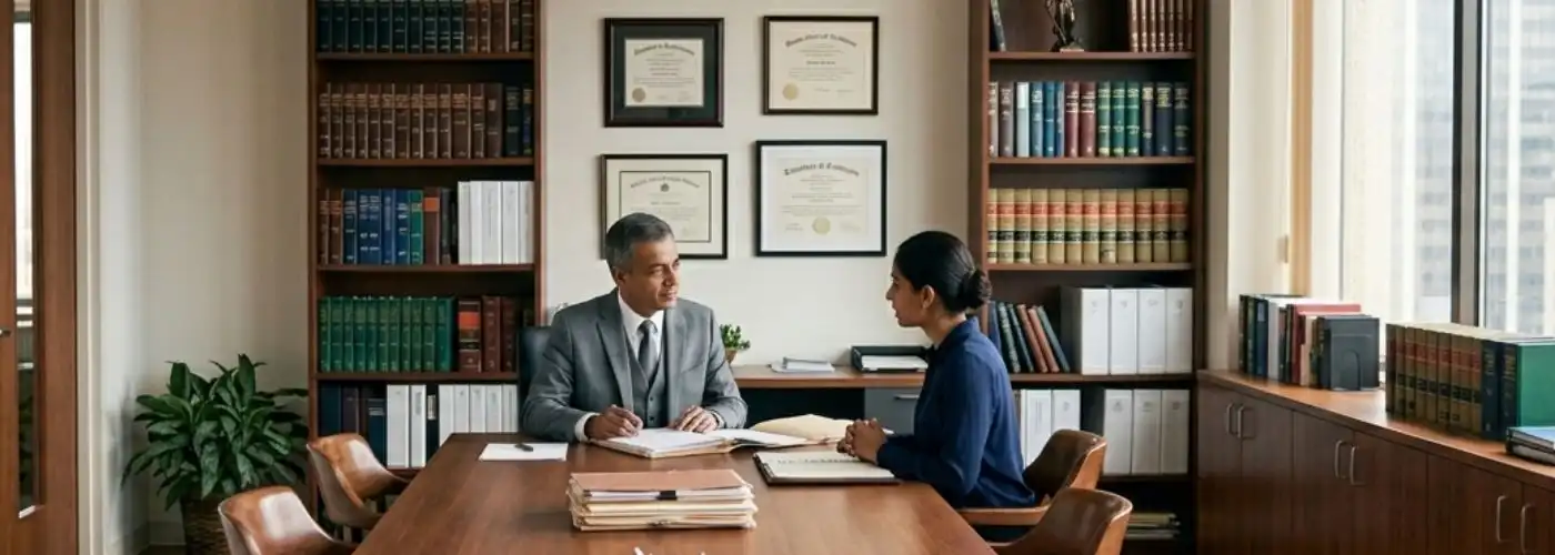 A long shot of an Indian male lawyer in a grey suit and an Indian female client in a blue blouse sitting across a large wooden table in a professional law office filled with bookshelves and legal documents.