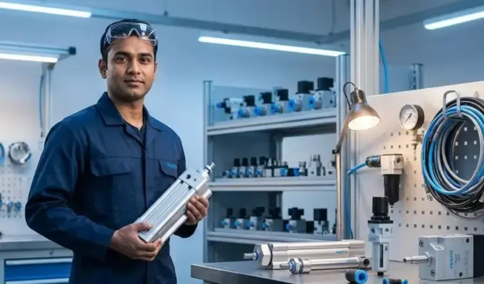 Murali Pneumatics technician holding a FESTO pneumatic cylinder in a well-equipped workshop in Coimbatore, with pneumatic components, pressure gauges, solenoid valves, and blue air hoses on display