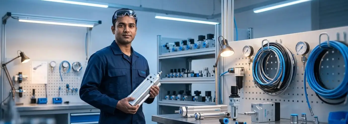 Murali Pneumatics technician holding a FESTO pneumatic cylinder in a well-equipped workshop in Coimbatore, with pneumatic components, pressure gauges, solenoid valves, and blue air hoses on display