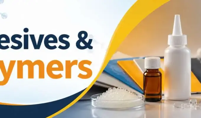 Industrial adhesives and polymers promotional banner with modern packaging containers and polymer materials background