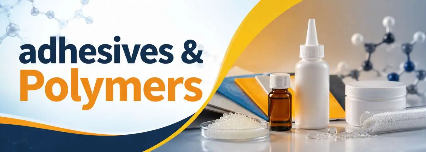 Industrial adhesives and polymers promotional banner with modern packaging containers and polymer materials background