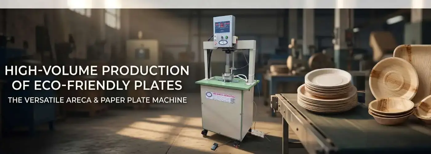 A high-volume production machine making eco-friendly areca and paper plates and bowls in an industrial workshop