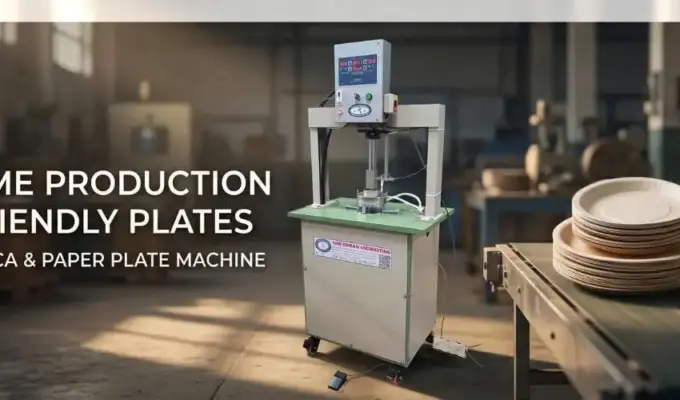 A high-volume production machine making eco-friendly areca and paper plates and bowls in an industrial workshop