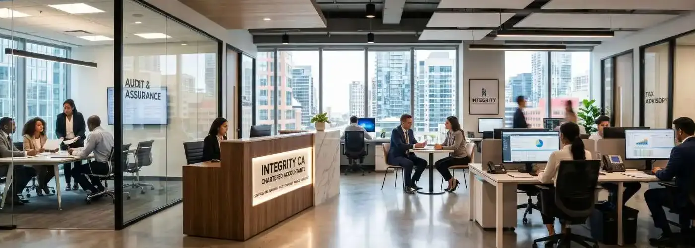A bright, cinematic wide-angle view of a modern chartered accountant office featuring glass-walled meeting rooms, a reception desk, and professionals working on financial reporting and tax advisory services