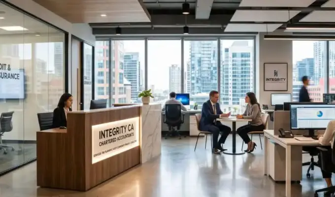 A bright, cinematic wide-angle view of a modern chartered accountant office featuring glass-walled meeting rooms, a reception desk, and professionals working on financial reporting and tax advisory services