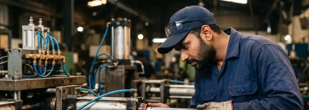 Maintenance engineer inspecting a FESTO pneumatic cylinder for seal wear and replacement signs