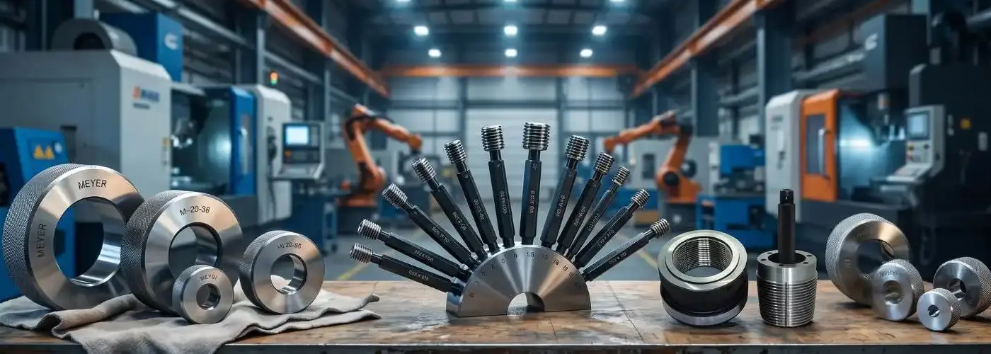 A wide cinematic banner showing a collection of industrial thread gauges, measuring instruments, and ring gauges arranged on a wooden workbench inside a modern manufacturing facility with robotic arms and CNC machines in the blurred background.