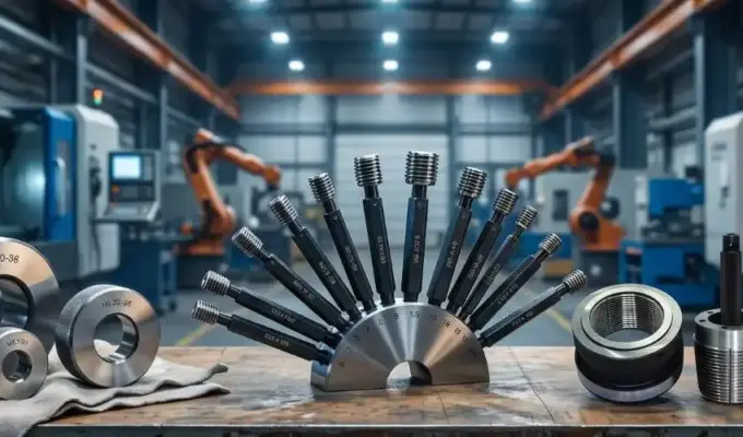 A wide cinematic banner showing a collection of industrial thread gauges, measuring instruments, and ring gauges arranged on a wooden workbench inside a modern manufacturing facility with robotic arms and CNC machines in the blurred background.