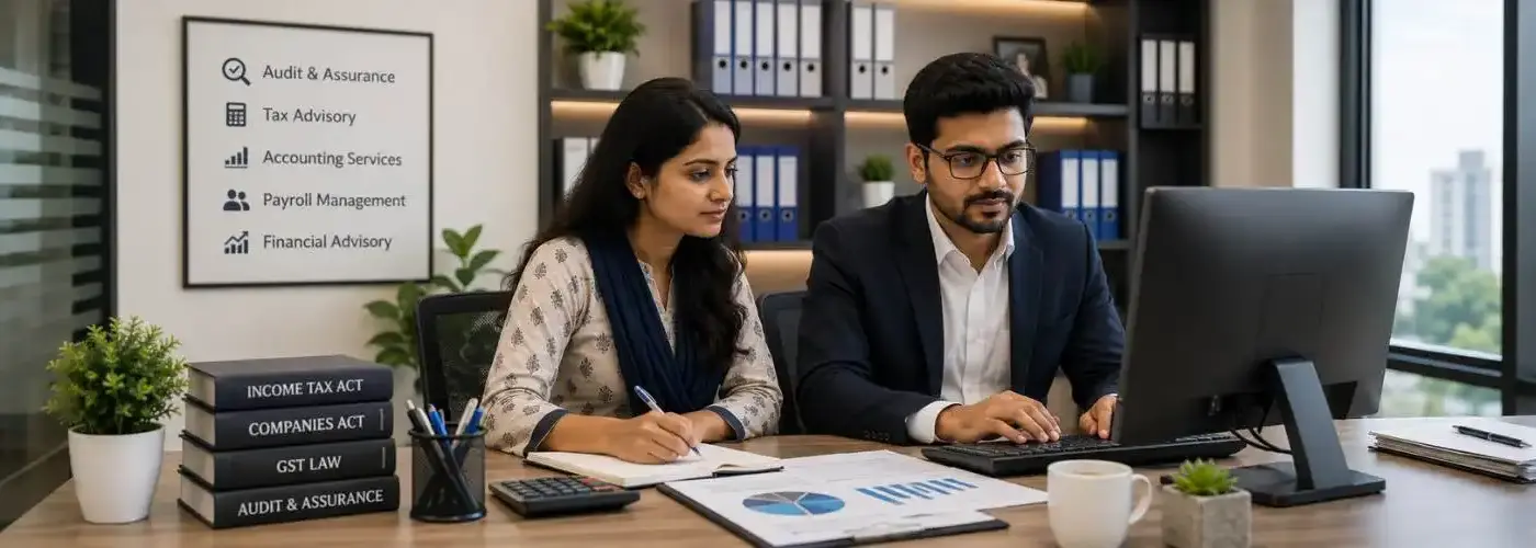 Indian man and woman working in a modern chartered accountant office in Hyderabad