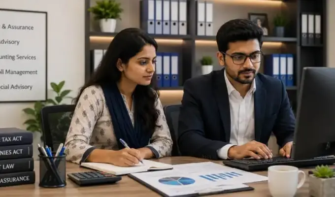Indian man and woman working in a modern chartered accountant office in Hyderabad