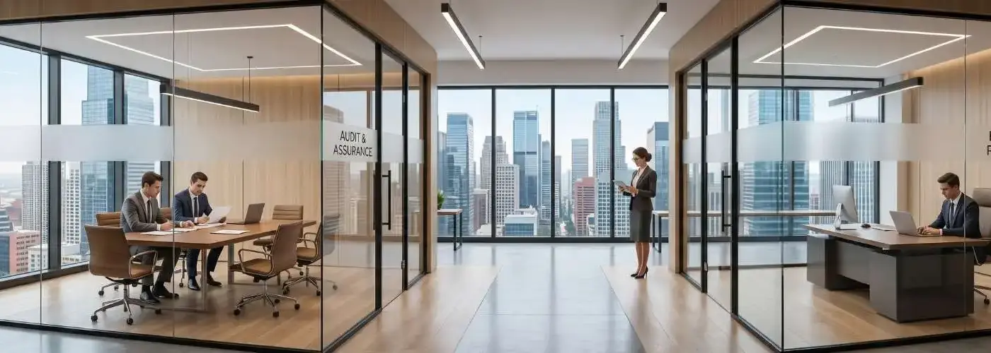 A panoramic view of a modern office interior featuring glass-walled meeting rooms and individual cabins, labeled for 'Audit & Assurance' and 'Financial Reporting' for 'INTEGRITY CA', overlooking a city skyline.