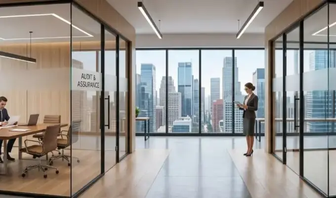 A panoramic view of a modern office interior featuring glass-walled meeting rooms and individual cabins, labeled for 'Audit & Assurance' and 'Financial Reporting' for 'INTEGRITY CA', overlooking a city skyline.