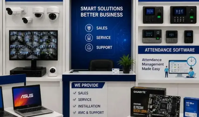 Phoenix Technologies IT solutions showroom in Coimbatore with CCTV cameras biometric attendance systems laptops networking and software services