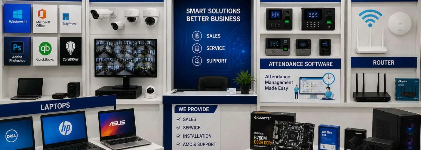 Phoenix Technologies IT solutions showroom in Coimbatore with CCTV cameras biometric attendance systems laptops networking and software services