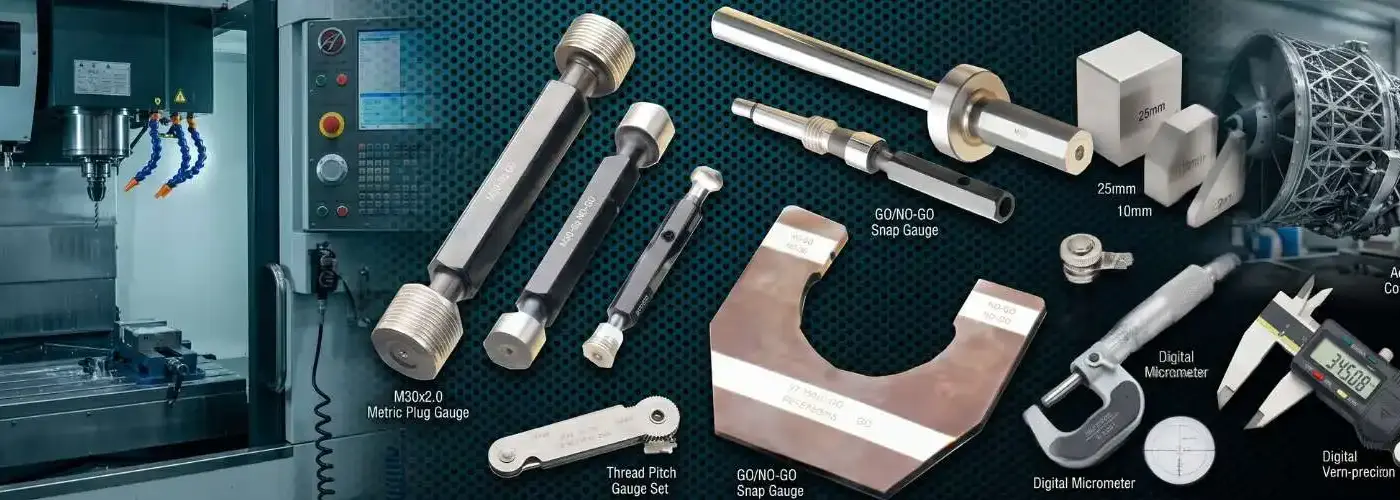 A collection of industrial measuring instruments including thread plug gauges, snap gauges, digital micrometers, and vernier calipers set against a CNC machining and aerospace background