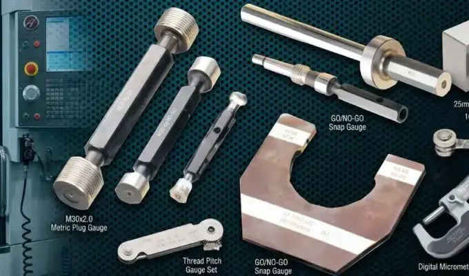A collection of industrial measuring instruments including thread plug gauges, snap gauges, digital micrometers, and vernier calipers set against a CNC machining and aerospace background