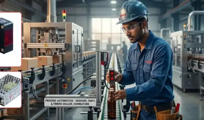 Indian technician in Leuze gear inspecting active bottle conveyor sensor unit, with visible PROSENS AUTOMATION - SENSORS, SMPS & TIMERS DEALER, COIMBATORE label and SMPS unit on a machine in a modern factory.