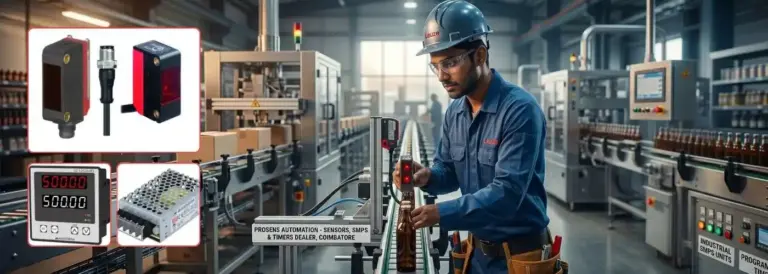 Indian technician in Leuze gear inspecting active bottle conveyor sensor unit, with visible PROSENS AUTOMATION - SENSORS, SMPS & TIMERS DEALER, COIMBATORE label and SMPS unit on a machine in a modern factory.