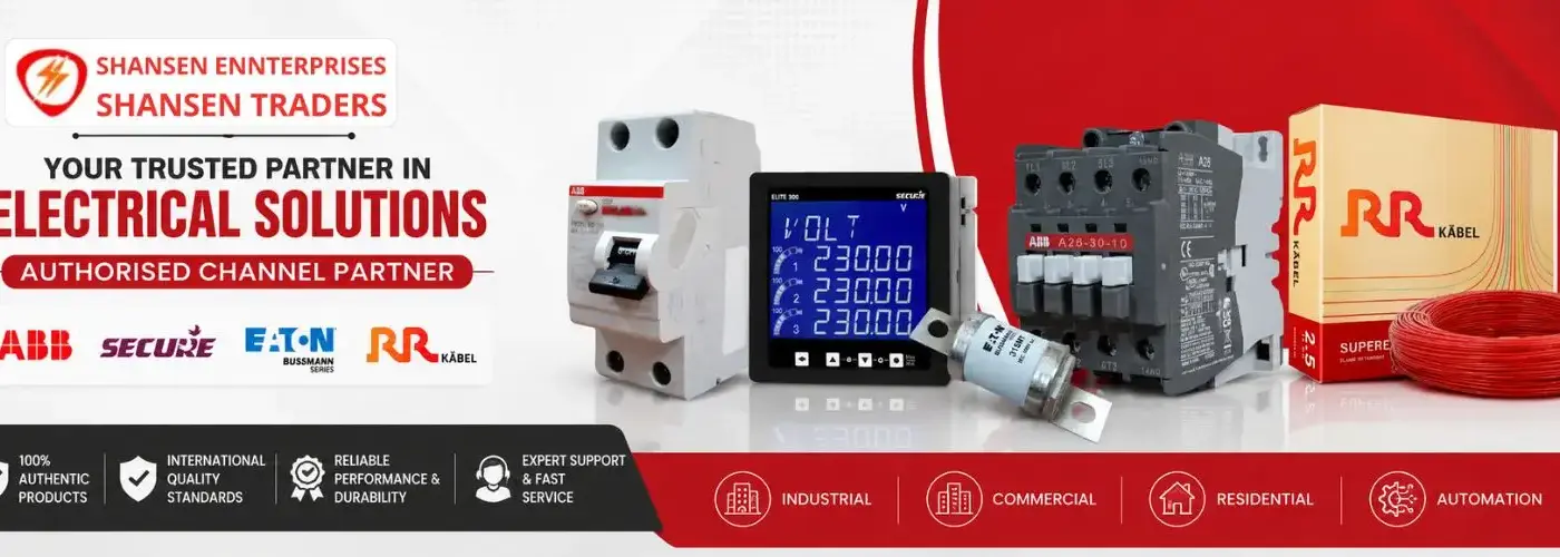Shansen Enterprises electrical products banner featuring ABB, Secure, Eaton Bussmann, and RR Kabel products in Coimbatore