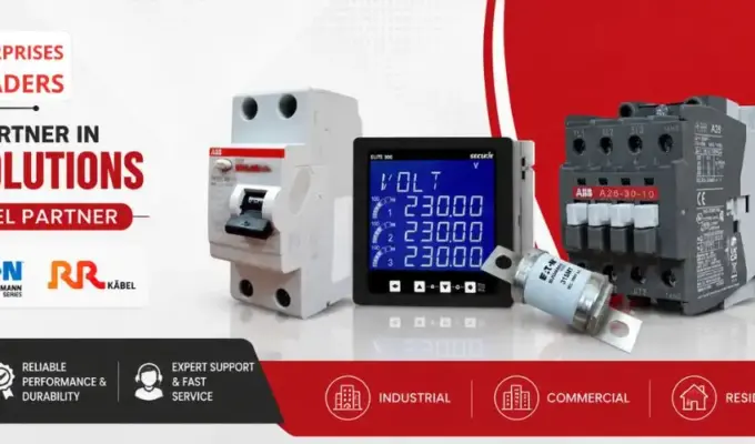 Shansen Enterprises electrical products banner featuring ABB, Secure, Eaton Bussmann, and RR Kabel products in Coimbatore