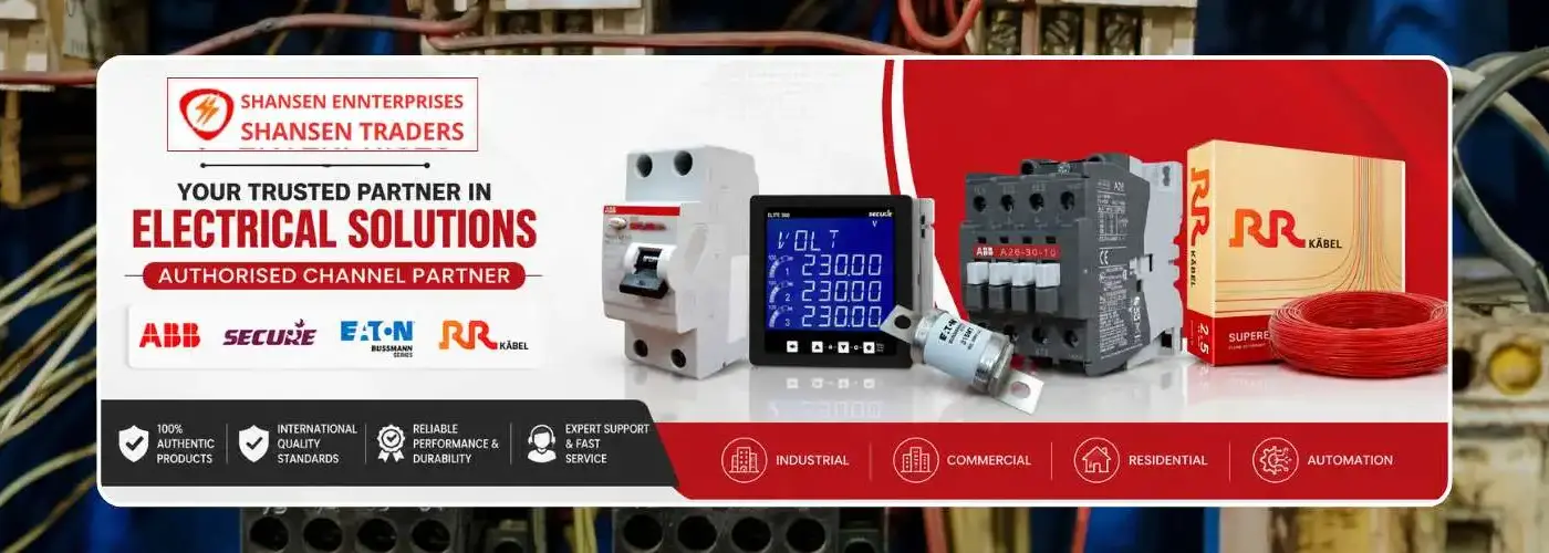Shansen Enterprises electrical products banner featuring ABB, Secure, Eaton Bussmann, and RR Kabel products in Coimbatore