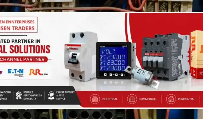 Shansen Enterprises electrical products banner featuring ABB, Secure, Eaton Bussmann, and RR Kabel products in Coimbatore