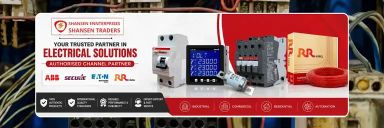 Shansen Enterprises electrical products banner featuring ABB, Secure, Eaton Bussmann, and RR Kabel products in Coimbatore
