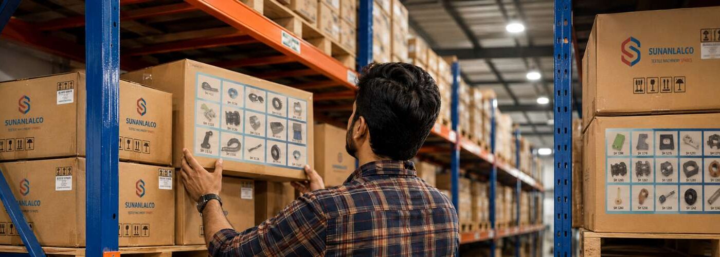 Indian warehouse staff selecting textile spare parts cardboard box from industrial storage rack with yarn cones in background