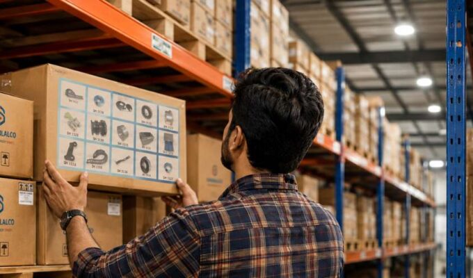 Indian warehouse staff selecting textile spare parts cardboard box from industrial storage rack with yarn cones in background