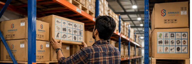 Indian warehouse staff selecting textile spare parts cardboard box from industrial storage rack with yarn cones in background