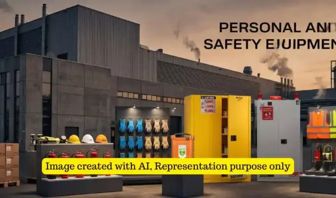A comprehensive outdoor display of personal and industrial safety products, including hard hats, fire extinguishers, gloves, vests, and hazardous materials cabinets, positioned in front of a large factory building at twilight.