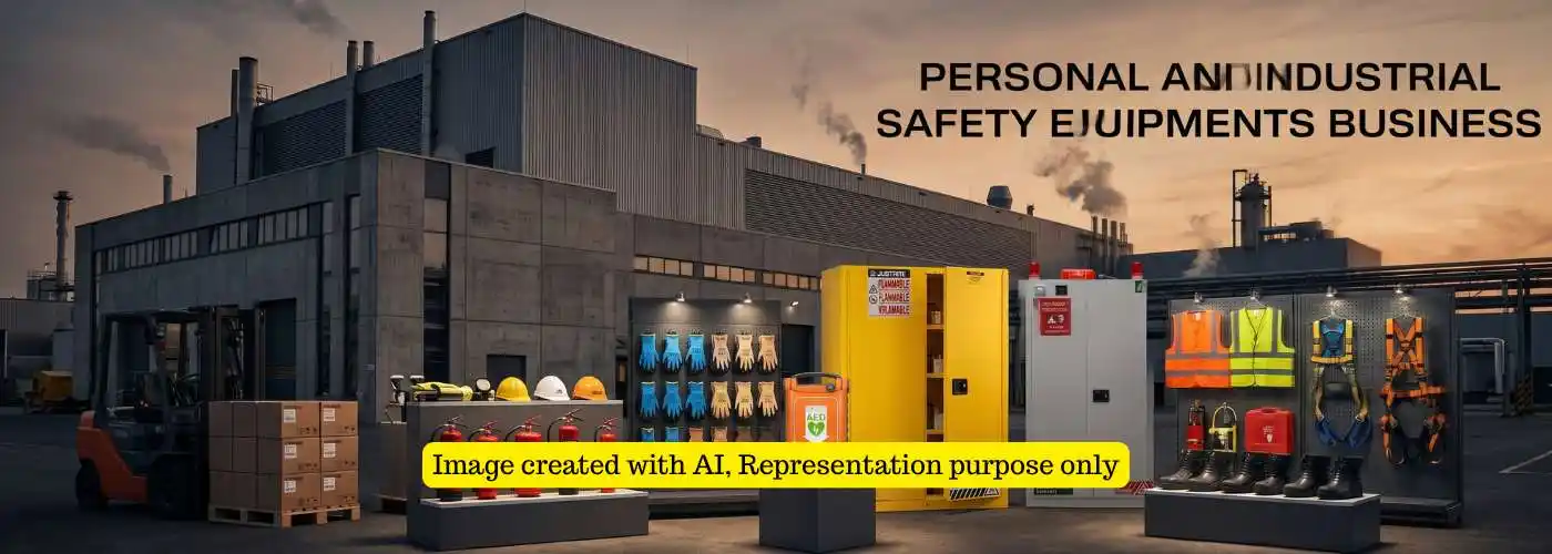 A comprehensive outdoor display of personal and industrial safety products, including hard hats, fire extinguishers, gloves, vests, and hazardous materials cabinets, positioned in front of a large factory building at twilight.