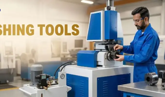 An experienced Indian technician in a bright blue uniform operating a hydraulic centreless OD burnishing machine next to a display of specialized roller burnishing tools in a modern manufacturing workshop.