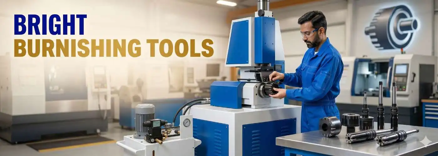 An experienced Indian technician in a bright blue uniform operating a hydraulic centreless OD burnishing machine next to a display of specialized roller burnishing tools in a modern manufacturing workshop.