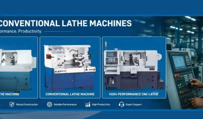 CNC and conventional lathe machines displayed in a modern industrial facility with an Indian technician operating advanced machining equipment