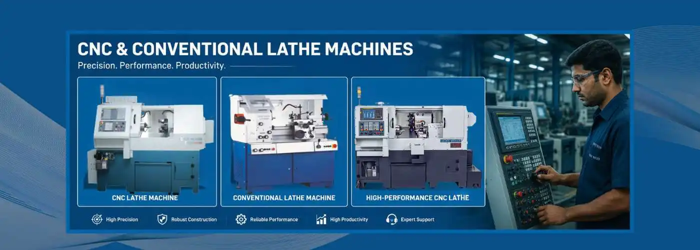CNC and conventional lathe machines displayed in a modern industrial facility with an Indian technician operating advanced machining equipment
