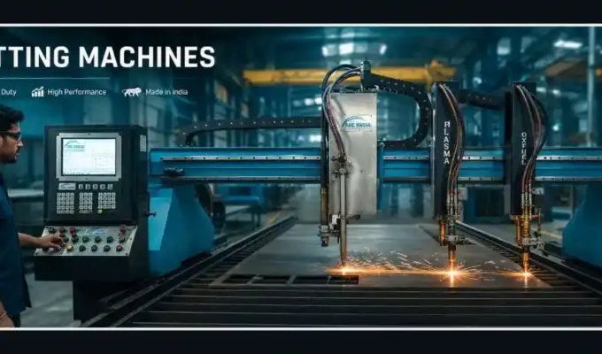 Industrial CNC cutting machine operated by an Indian technician in a modern manufacturing facility for precision metal cutting and fabrication