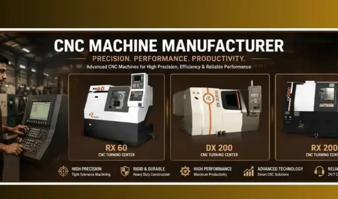 Advanced CNC turning centers and machining equipment with an Indian technician operating a CNC control panel in a modern industrial manufacturing facility