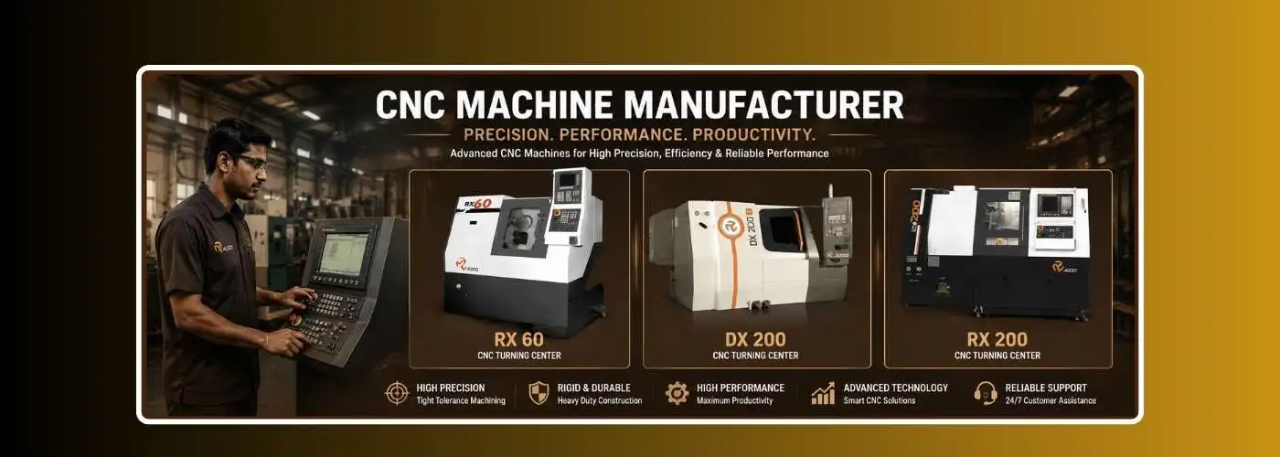 Advanced CNC turning centers and machining equipment with an Indian technician operating a CNC control panel in a modern industrial manufacturing facility