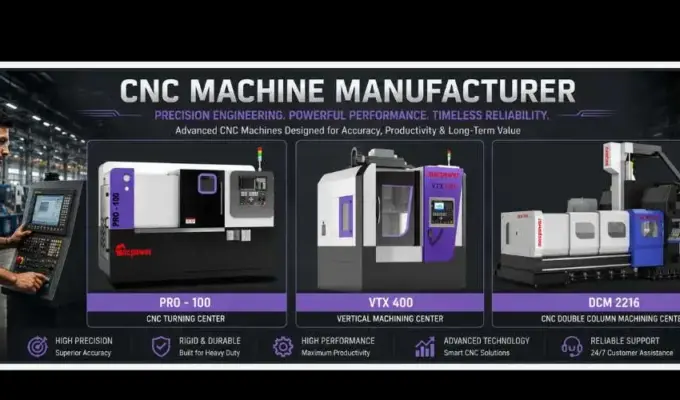 Advanced CNC turning center, vertical machining center, and double column machining center with an Indian technician operating a CNC control panel in a modern manufacturing facility