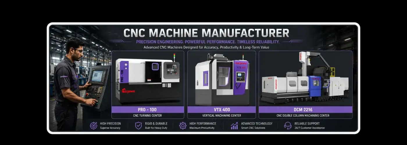 Advanced CNC turning center, vertical machining center, and double column machining center with an Indian technician operating a CNC control panel in a modern manufacturing facility