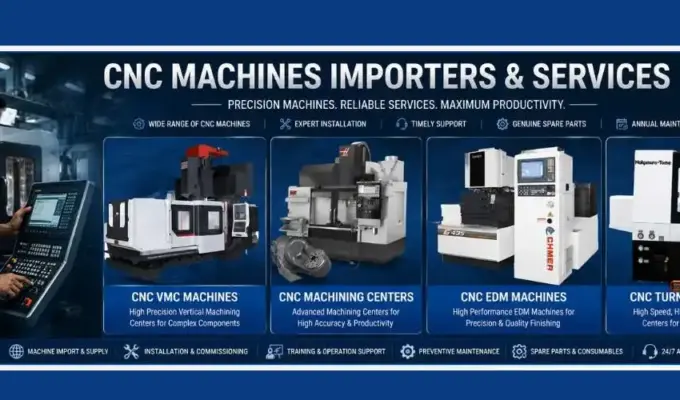 Indian technician operating a CNC control panel alongside CNC VMC machines, machining centers, EDM machines, and CNC turning centers in a modern industrial manufacturing facility