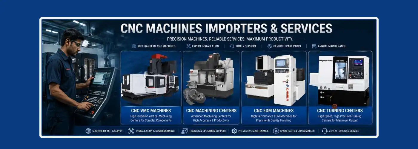 Indian technician operating a CNC control panel alongside CNC VMC machines, machining centers, EDM machines, and CNC turning centers in a modern industrial manufacturing facility