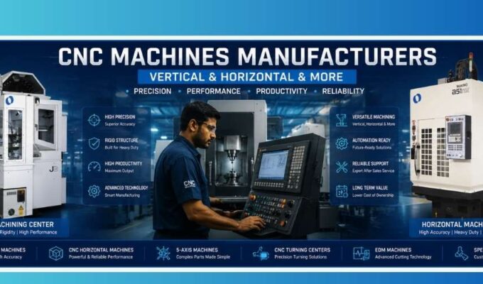 Indian technician operating a CNC machine in a modern manufacturing facility with advanced vertical and horizontal machining centers for industrial production