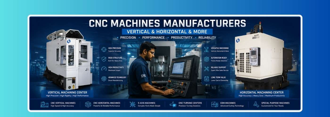 Indian technician operating a CNC machine in a modern manufacturing facility with advanced vertical and horizontal machining centers for industrial production