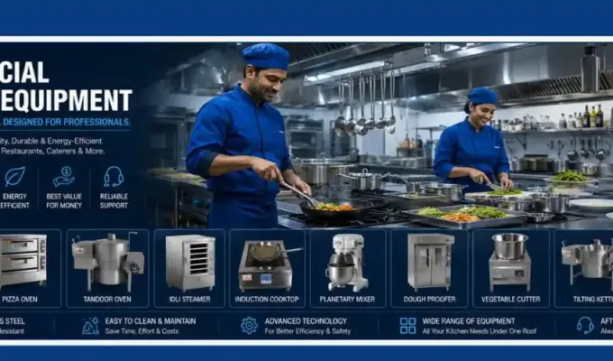 Indian male and female chefs cooking in a modern commercial kitchen surrounded by professional stainless steel kitchen equipment, ovens, mixers, steamers, induction cooking systems, and food processing machines