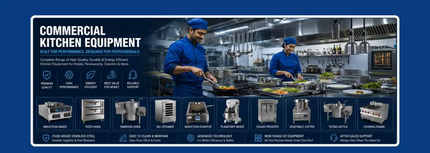 Indian male and female chefs cooking in a modern commercial kitchen surrounded by professional stainless steel kitchen equipment, ovens, mixers, steamers, induction cooking systems, and food processing machines